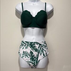 Green Scalloped Bikini Top with Leaf Print Bottoms
